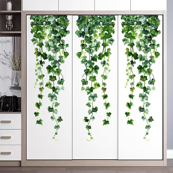 Green Plants Leaves Wall Decals Hanging Vine Wall Stickers Fresh Green Leaf Wall Art Removable Nature Botanical Vine Branches Leaves Murals for Kids Bedroom TV Background Home Decor 91