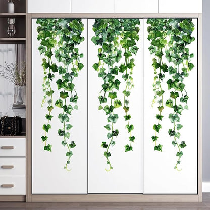 Green Plants Leaves Wall Decals Hanging Vine Wall Stickers Fresh Green Leaf Wall Art Removable Nature Botanical Vine Branches Leaves Murals for Kids Bedroom TV Background Home Decor 91