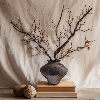 Rustic Ceramic Wabi Sabi Vase, 6.7''Vintage Brown Pottery Flower Jar with Wide Mouth, Handmade Distressed Clay Decor for Table Centerpiece, Farmhouse Shelf, Entryway or Mantel