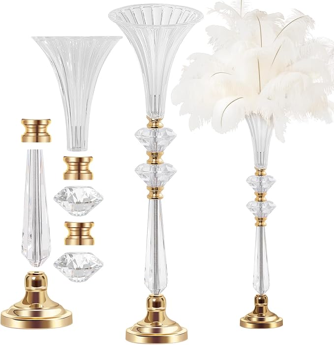 VIJIV Tall Crystal Acrylic Flower Vases for Centerpieces, 26.2" Large Clear Decorative Trumpet Vases, Wedding Flower Stand with Ribbed, Table/Floor Vase for Bridal Showers & Dining Room, Home Décor