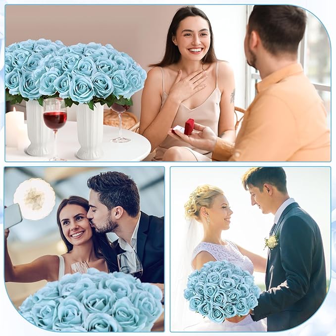 80 Pcs Roses Artificial Flowers, Silk Haze Blue Artificial Flowers Petals Long Stem Roses for Wedding Bouquet Home Party Decor