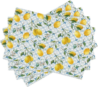 Lemon Linen Placemats Set of 4 Summer Fruit Print Heat Resistant Table Mats for Home Party Indoor Holiday Kitchen Dining Room Decor 12 x 18 Inch
