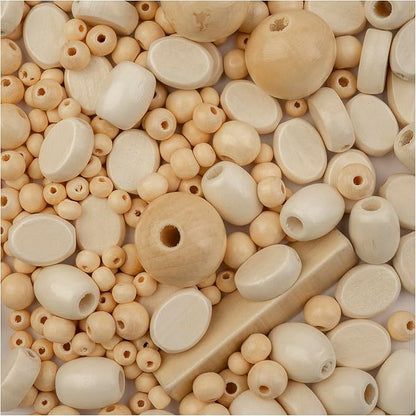 John Bead 90g Craft Beads Assorted Natural Colors Wood Beads with Elastic Nylon Cord