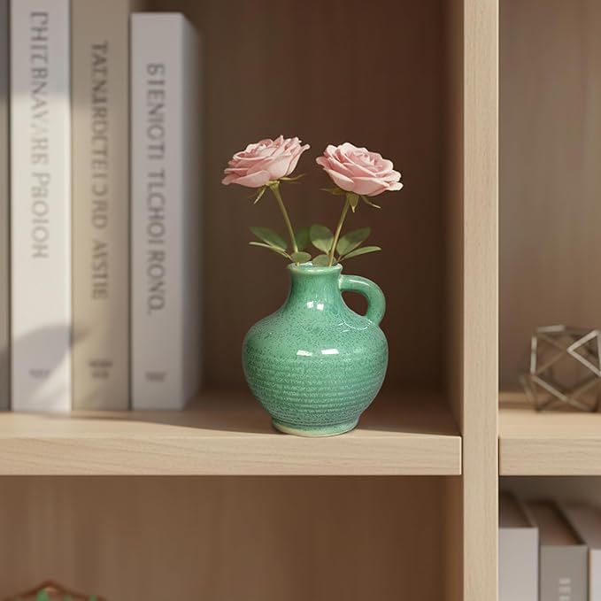 Sunddo Green Ceramic Vase for Centerpieces - 6 Inch Modern Decorative Vase with Handle, Small Pitcher Vases for Home Decor, Living Room Kitchen Bedroom Entryway Mantel Shelf Decor