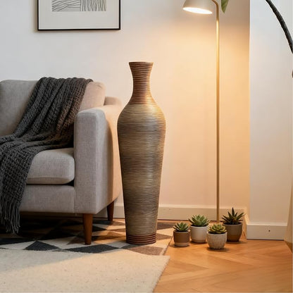 39-Inch Tall Vintage Floor Vase - Premium PVC Rattan Weave, Large Brown Standing Vase, Flower Holder for Home Decor (Light Brown)