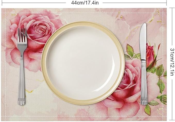 Pink Flower Placemats Set of 4, 17x12 Inch Romantic Watercolor Floral Rose Print Table Mats for Home Party Kitchen Dining Decor