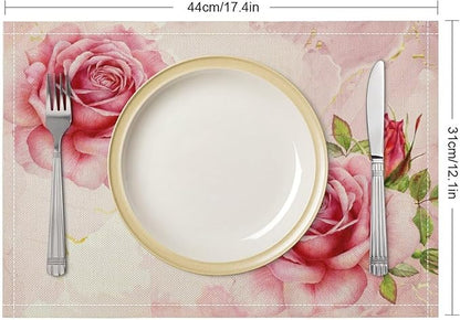 Pink Flower Placemats Set of 4, 17x12 Inch Romantic Watercolor Floral Rose Print Table Mats for Home Party Kitchen Dining Decor