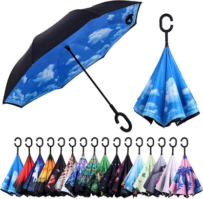 Inverted Umbrella, 49 Inch Double-Layer Vented Reverse Umbrella, Windproof Waterproof UV Protection, Lightweight C-Handle, Fiberglass Ribs, Steel Shaft, Travel/Commute/Car Use, With Sleeve