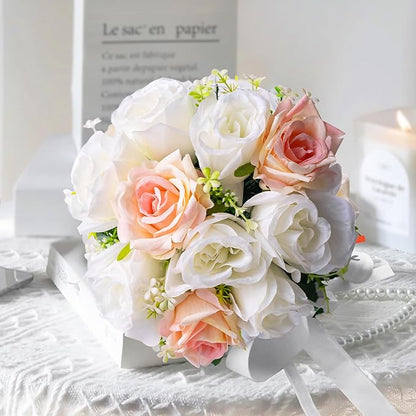 Wedding Bouquets for Bride - Realistic Silk Flowers Artificial Roses, 8 Inch Bridesmaid Bouquet for Ceremony, Church, Anniversary, and Home Decoration (White & Blush Champagne)