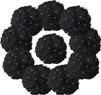 10PCS Silk Hydrangea Heads with Stems Artificial Flowers for Wedding Party Home Decor (Black)