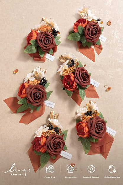 Ling's moment 6pcs Wedding Wrist Corsage Artificial Flowers, Girl/Mother Homecoming Prom Corsages Wristlet Décor, etc. Burnt Orange Terracotta