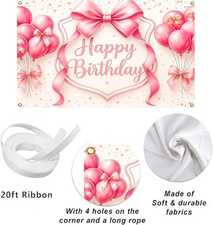 Happy Birthday Backdrop for Girls - 7x5ft Pink Bow Coquette Party Background, Photography Banner Decoration for Baby Toddler Kids First Birthday, Photo Booth Backdrop