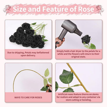102 PCS Black Roses Artificial Flowers, Fake Roses Bouquet, Artificial Black Rose with Stems for Wedding Flowers Decoration, Valentines Day Mothers Day, Bridal Bouquet Rose