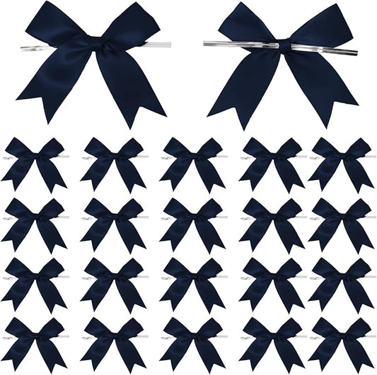 50 Counts Navy Blue Twist Tie Bows 3.1" Pre-Tied Satin Ribbon Bow Decor Mini Twist Tie Bows for Gift Wrapping Treat Bags Cake Bridal Baby Shower Birthday Party Favors Wedding Decorations