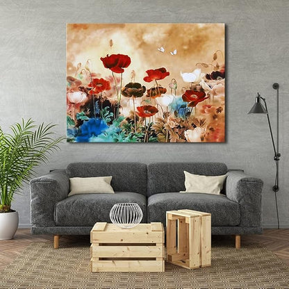 Wieco Art Blooming Poppies Extra Large Contemporary Colorful Flowers Pictures Paintings on Canvas Wall Art Modern Gallery Wrapped Floral Giclee Canvas Prints for Living Room Home Decorations XL