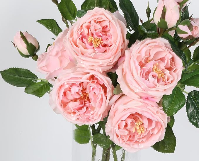 Real Touch Pink Austin Roses Peonies Artificial Flowers 4 Bouquets Latex Fake Peonies with Long Stem Realistic Faux Peonies Flower for Wedding Party Home Table Centerpieces Decorations (Pink)