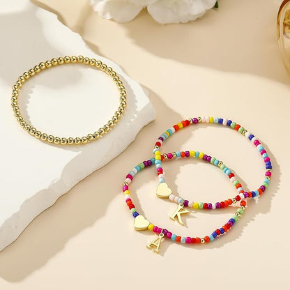 Ritach Christmas Gifts for Teens Girls Kids - 2PCS Colorful Heart Initial Bracelet Stackable Real Gold Plated Stretchable Beaded Bracelets for Teen Girls Kids Birthday Gifts Stocking Stuffers