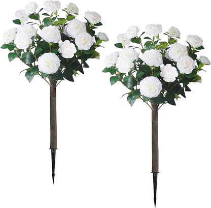 Sunnyglade 35.5" Set of 2 Artificial Camellia Tree, Faux White Camellia Flowers Plant with Spike Fake Silk Flora Topiary Plants Tree for Indoor, Garden, Yard, Porch, Patio Decoration