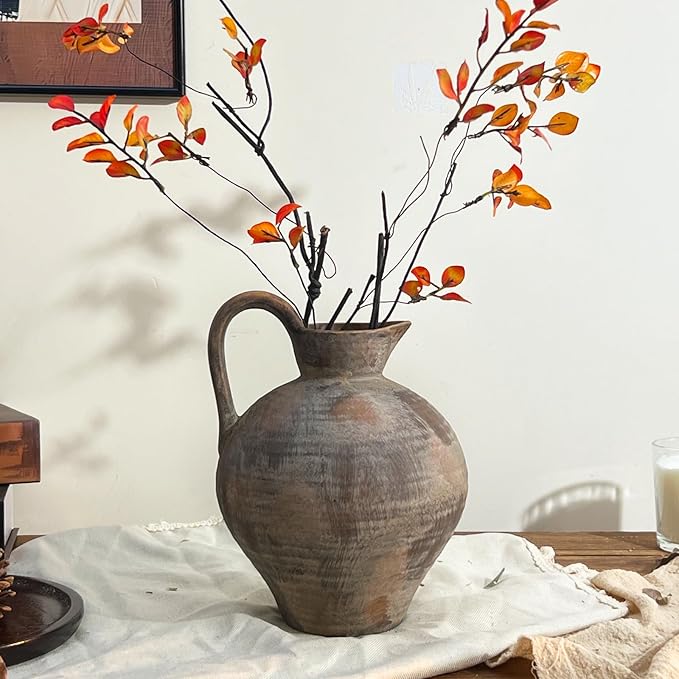 Ceramic Rustic Farmhouse Vase with Handle, 8.7 Inch Brown Vintage Vase, Rustic Ceramic Pottery for Home Decor, Farmhouse Decor Centerpiece for Kitchen, Living Room, Entryway