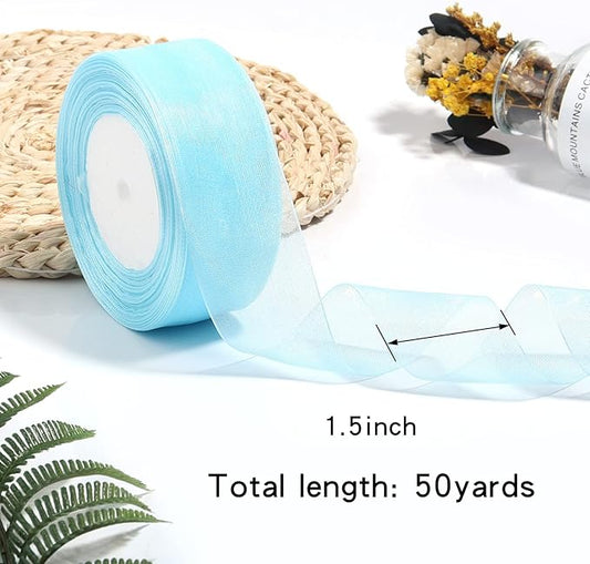 1.5 inch Sheer Organza Ribbon Sky Blue Chiffon Ribbon for Gift Wrapping Christmas Halloween Decoration Wedding Bouquet Crafts 50 Yards