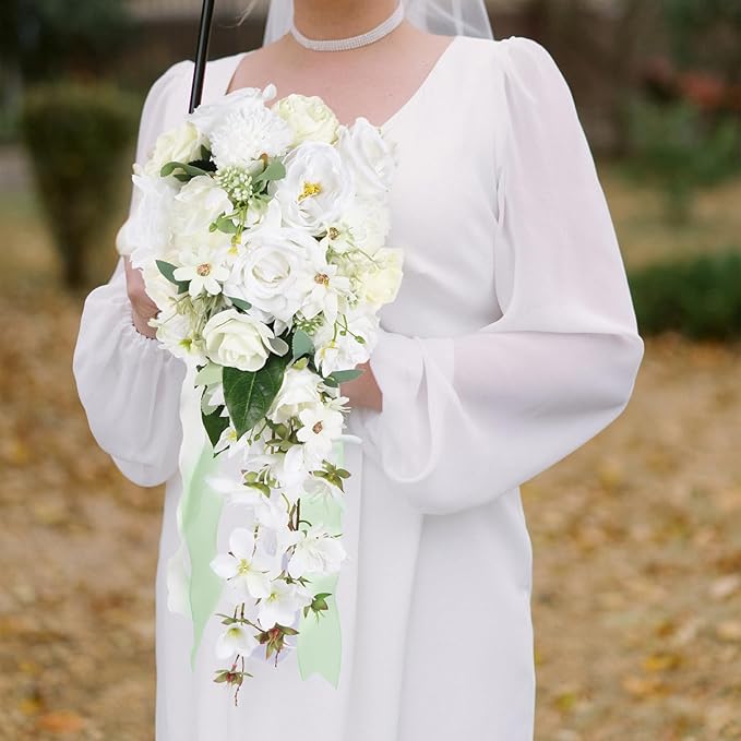 White Wedding Bouquets for Bride,10 Inch Fake Cascading Bridal Bouquet Silk Faux Flowers for Ceremony Anniversary Wedding Bridal Shower(White & Ivory)