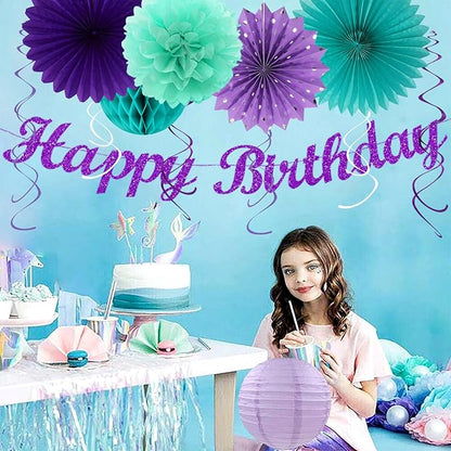 Teal-purple Lavender Girl Mermaid-birthday Party-decorations - 21pcs Happy Banner,Under The Sea Ocean Paper Lanterns Honeycomb Streamers,Tissue Pom Poms Flower Fan,Classroom Hanging Decor Huglony