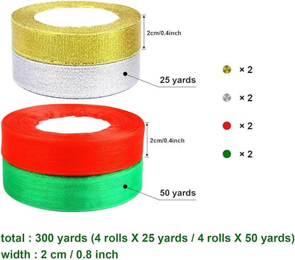 DECYOOL 4 Rolls 150 Yards Christmas Ribbons Metallic Glitter Fabric Organza Holiday Festival Ribbons 4/5" Wide for Gift Wrapping Decoration