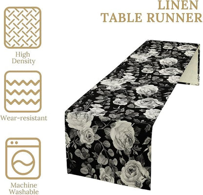 Vintage Black Flower Table Runner, Retro Roses Blossom Eucalyptus Plants Botanical Branches Dark Gothic Floral Table Runner for Home Party Indoor Outdoor Decor, 13x120inch