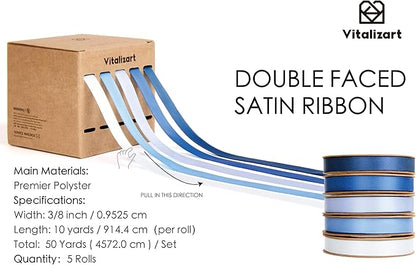 Vitalizart Blue Ribbons for Crafts 3/8" x 50 Yd Satin Ribbon Double Face Gift Wrapping Silk Like Fabric Flower Bouquet Birthday Party Decorations Bridal Shower Wreath Hair Continuous Navy Baby Blue