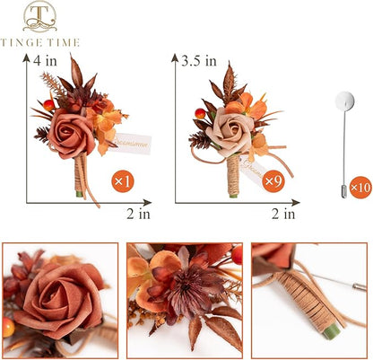 TINGE TIME Boutonniere for Men, Groom and Best Man Boutonniere for Wedding Ceremony Anniversary, Formal Dinner Party and Rustic Fall Wedding Marriage (Maple Red)