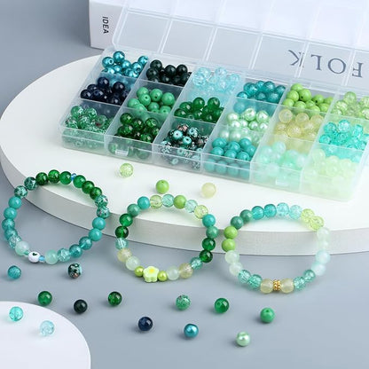DUQGUHO 8mm Green Glass Beads Bulk 360PCS, 16 Colors, Perfect for Jewelry Making, DIY Crafts & Home Decor
