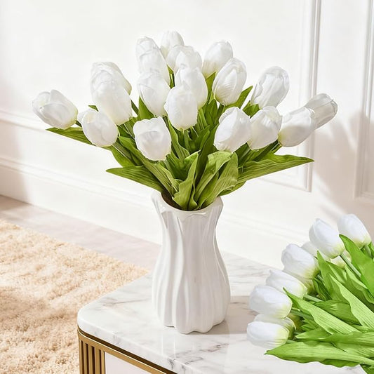 Artificial Flowers Mother's Day Easter Valentine's Day Gifts, Artificial Flowers Fake Tulips Flowers Home Kitchen Wedding Table Decorations a Bunch of 20 White Tulips