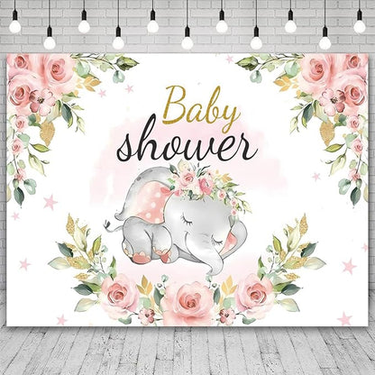 10x8ft Elephant Baby Shower Backdrop for Girl Pink Flowers Photography Background Newborn Girls Birthday Banner Decorations Sweet Princess Baby Party Portrait Photo Booth Prop