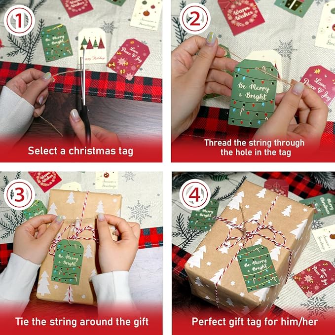 Christmas Gift Tags with String, 48 Pcs Christmas Hanging Tags Label Gold Foil Xmas Present Tag for DIY Xmas Holiday Present Wrapping Decorations, 6 Styles