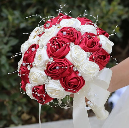 Bridal Wedding Bouquet Round Bling Brooch Bouquet Throw Toss Artificial Rose Flower Bunch for Bride Bridesmaid Wedding Quinceanera(Ruby Red & Ivory, 6.3")