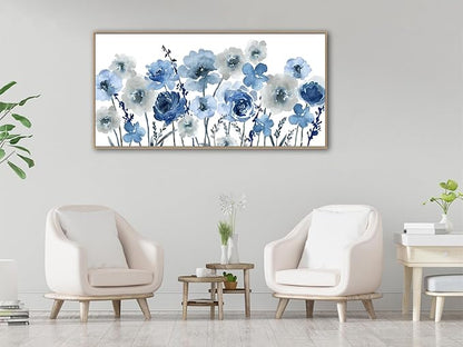 Framed Flowers Canvas Wall Art - Indigo Floral Canvas Pictures Living Room Wall Decor Botanical Canvas Prints Painting Abstract Artwork Bedroom Office Home Decor 29"x 58"