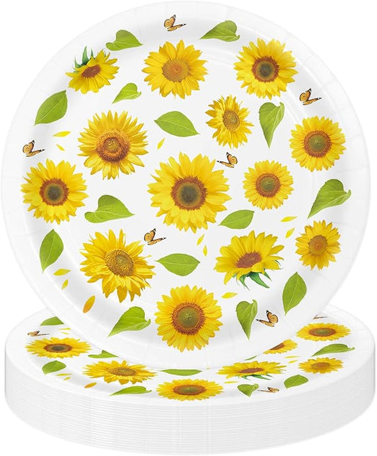 50PCS Sunflower Party Paper Plates 7 Inch, Disposable Floral Birthday Cake Dessert Plates for Picnic Birthday Bridal Shower Fall Party Decorations (Sunflower)