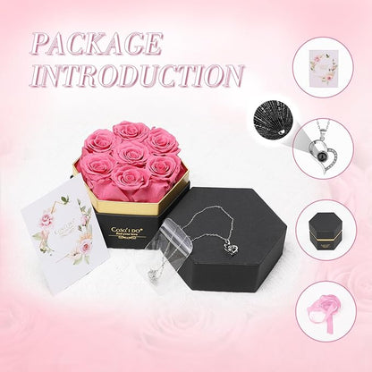 Preserved Roses Flowers for Delivery 7 Pcs, Forever Flores in a Box with Necklace, Eternal Rose Anniversary Birthday Gifts for Women Mom Wife Girlfriend, Rosas for Valentines Christmas, Pink