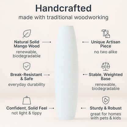 Leewadee Large 34″ Tall Floor Vase, White - Handcrafted Mango Wood for Pampas & Dried Stems