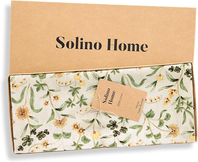 Solino Home 100% Pure Linen Table Runner 120 Inches Long - Multicolor Floral Print Table Runner 14 x 120 Inch - Handcrafted and Machine Washable - Fall Botanical Print