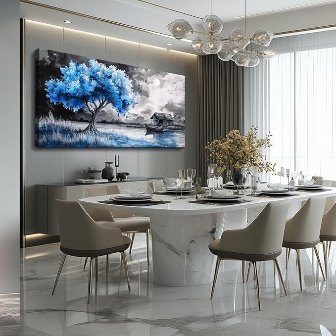 PHAOHUAXM Large Wall Art For Living Room Blue Wall Decor For Bedroom Black White And Blue Trees Wall Pictures Restaurant Office Frame Printing Canvas Large Artwork Modern Home Decoration 30x60 in