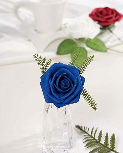 DuHouse 25Pcs Artificial Roses Flowers Fake Rose with Stems Real Touch Foam Flowers for DIY Wedding Bouquet Baby Shower Centerpiece Floral Arrangement Party Home Decor(Blue White Red)