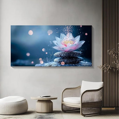 Iallbin Zen Stone Wall Art & Zen Wall Decor, Single Luminous Lotus Flowe Spiritually Uplifting Quality -for Yoga Meditation Room, Spa & Bathroom, Lavender-Pink Art Deco Style, Ready to Hang, 58x29 Inches