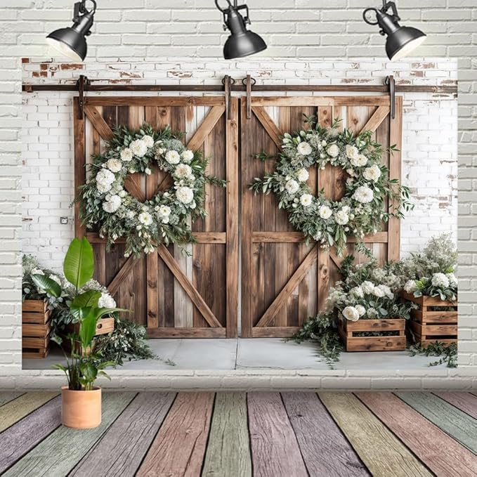 Rustic Barn Door Photography Backdrops, White Flower Wood Brown Barn Door Backdrop, Wedding Birthday Party Decors Photo Booth Props 10x8ft