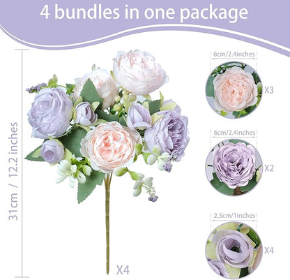 Peony Artificial Flowers, 4 Bundles Fake Peonies Faux Flower Centerpieces for Tables Vase, Bulk Pink Purple Silk Peonies Artificial Bouquet for Wedding Decorations Indoor Floral Arrangement