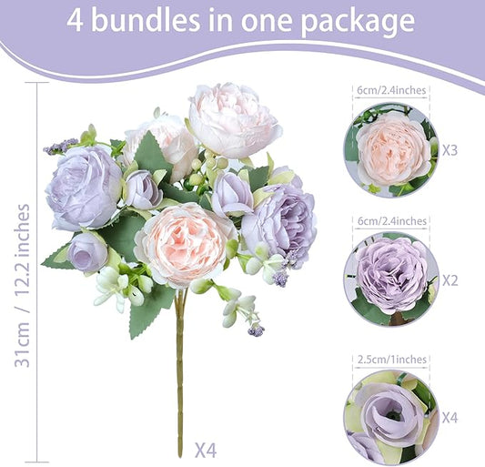 Peony Artificial Flowers, 4 Bundles Fake Peonies Faux Flower Centerpieces for Tables Vase, Bulk Pink Purple Silk Peonies Artificial Bouquet for Wedding Decorations Indoor Floral Arrangement