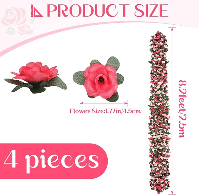 4 Pcs 32.8FT Flower Garland,Rose Garland,Pink Flower Vines for Decoration, Wedding, Garden, Wall Decoration,Backdrop,Bedroom,Birthday Party