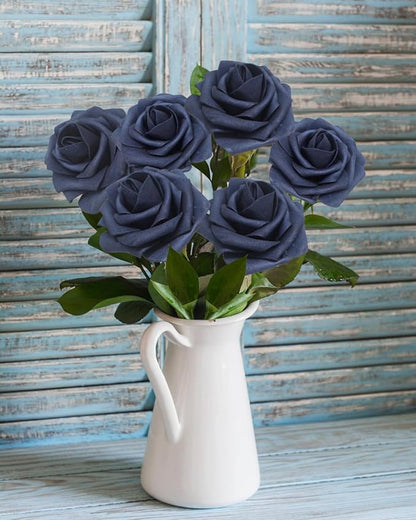 JOYLEX 100Pcs Navy Blue Artificial Flowers Realistic Roses, Real Looking Fake Roses with Stem for DIY Wedding Bouquets Centerpieces Party Home Romantic Decorations (Navy Blue, 100pcs)