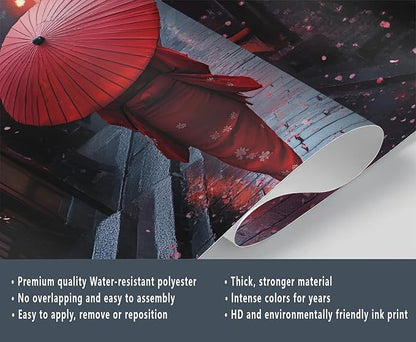 KIREUPA Japanese Street Wall Mural, Cherry Blossom Lantern Scene 3d Wall Murals, Romantic Rainy Evening Japan Wallpaper Mural, for Living Room Bedroom Large Wallpaper Indoor Decor 59" W x39.4 H