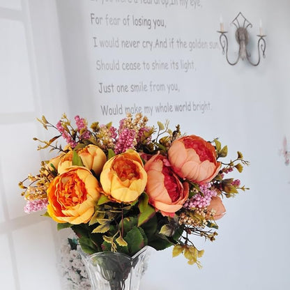 1pcs Artificial Peony Bouquet,19 Inch Silk Peony Bunch with 7 Faux Flowers,Classical Style Artificial Flowers with Leaves and Ornaments for Wedding,Home Décor Centerpieces(Orange)